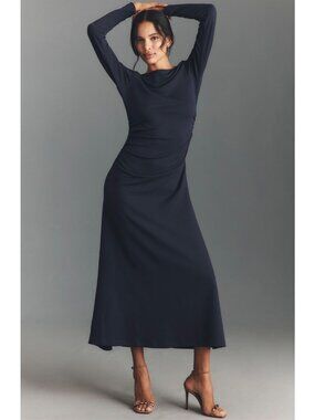 Anthropologie Navy Blue Long-Sleeve Cowl-Back Maxi Dress Size M